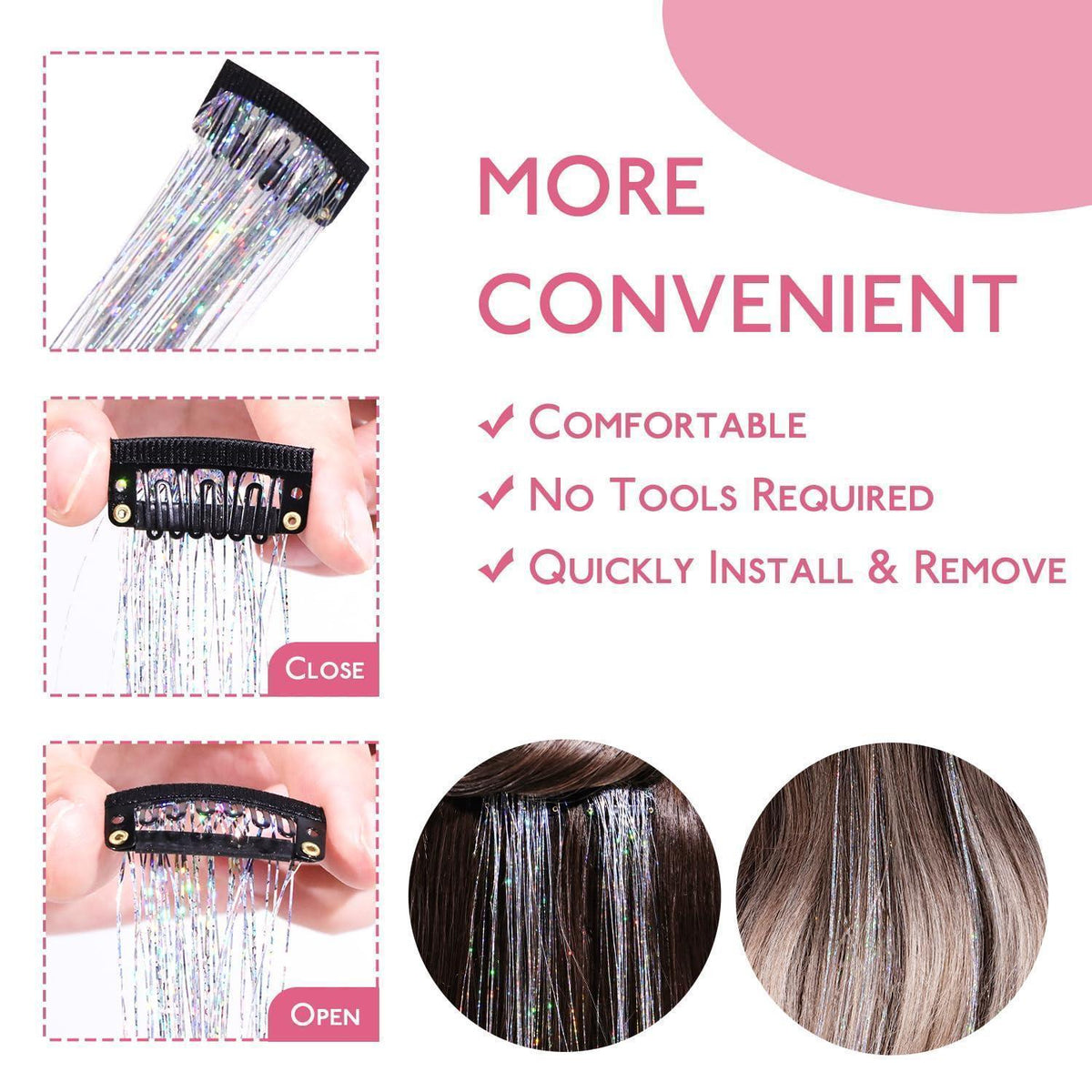 Silbernes Haar Lametta Clip-In Set – Glitzer Haarsträhnen 60cm