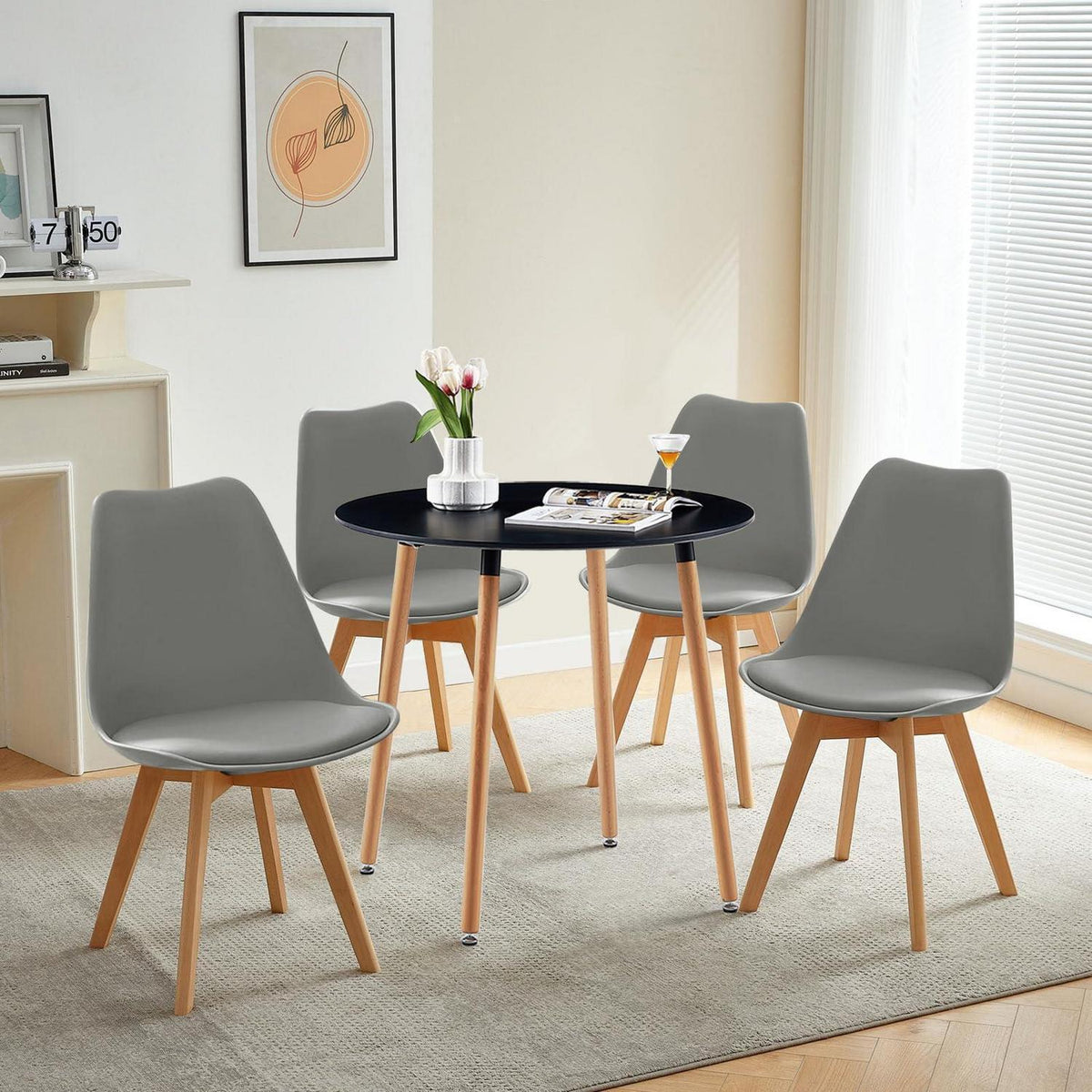 Esszimmergruppe rund, Schwarz & Grau, 4 Personen