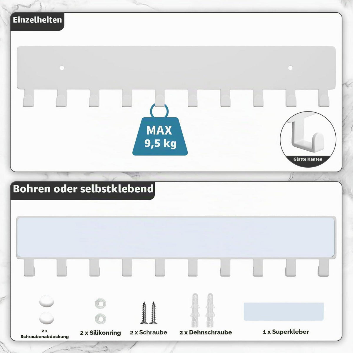 Wand-Schlüsselhalter mit 10 Haken – Weiß, für Flur & Küche