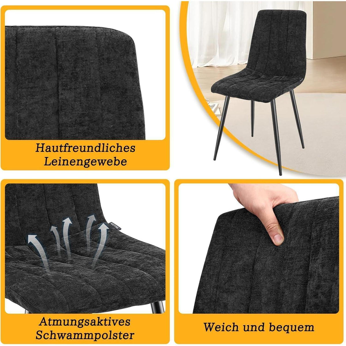 Esszimmerstühle 6er Set, Gepolsterte Stühle mit hoher Lehne, Schwarz