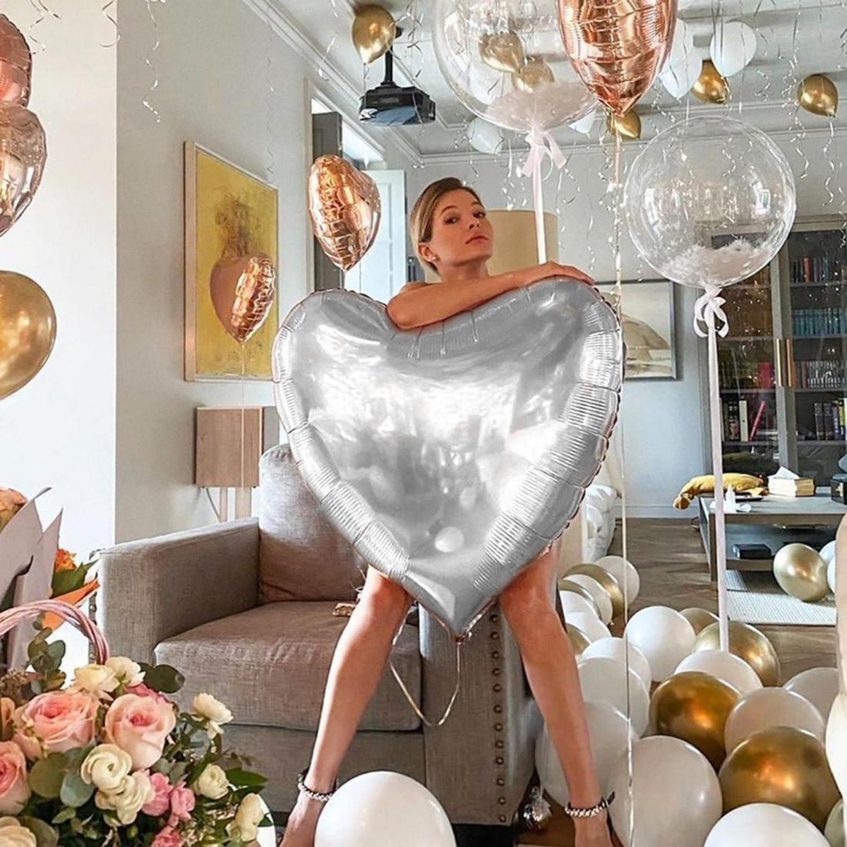 Herz Folienballon 4er Set Silber 32 Zoll Hochzeit Geburtstag