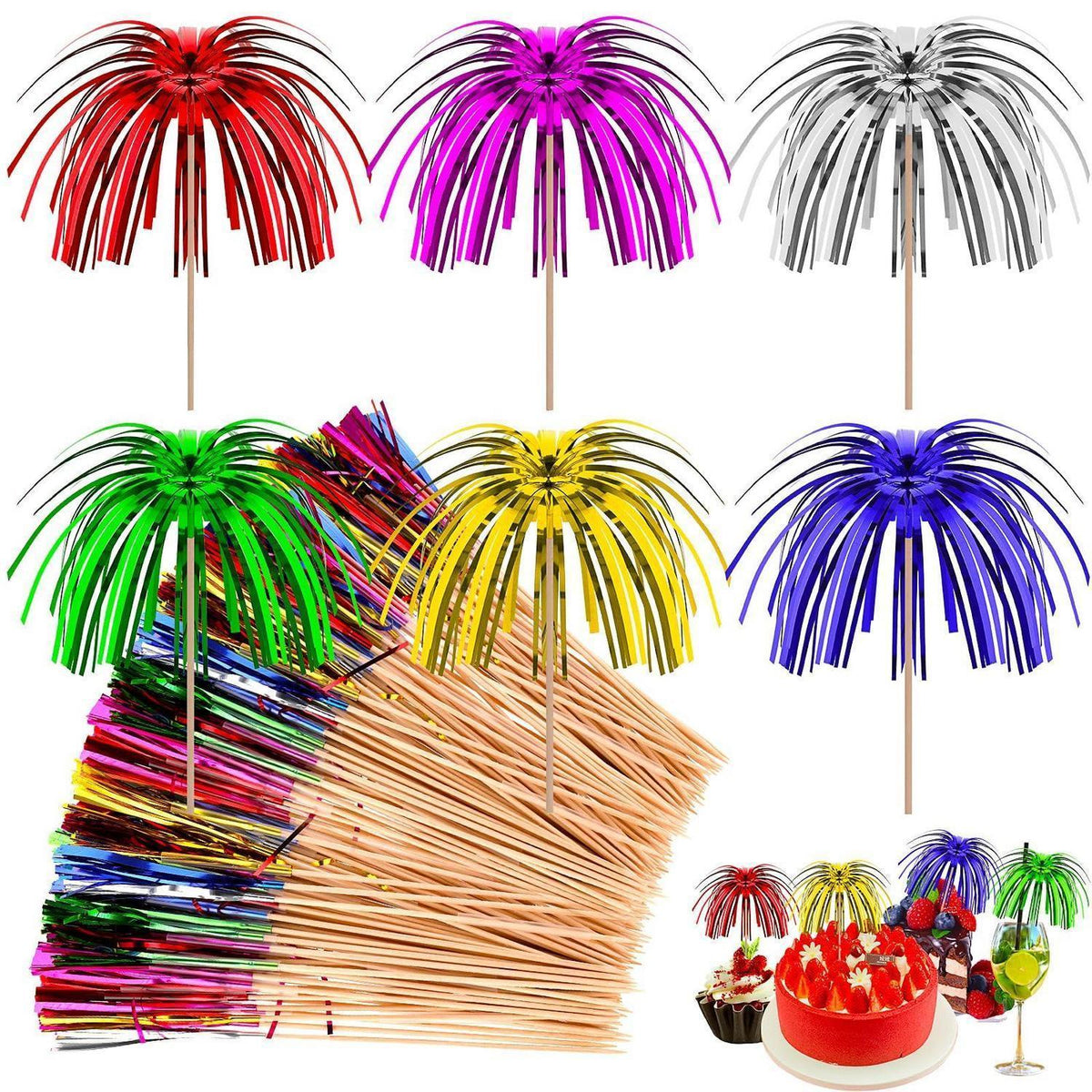 100 Cocktailspieße mit bunten Feuerwerk-Schirmen 15cm