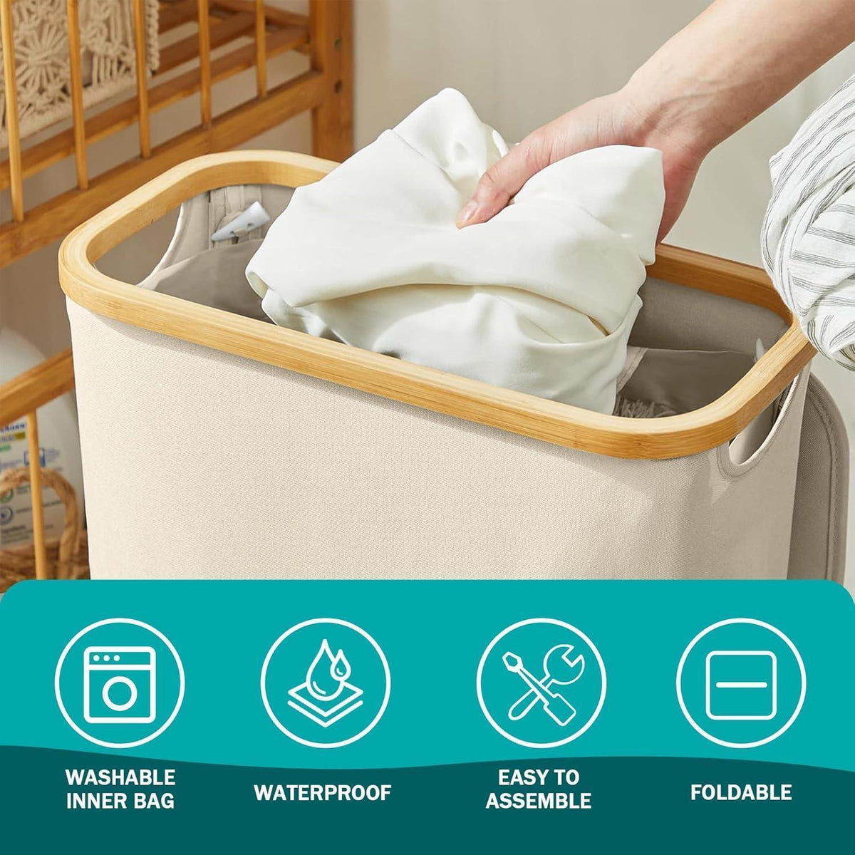 Schmaler Wäschekorb mit Deckel 48L Beige faltbar