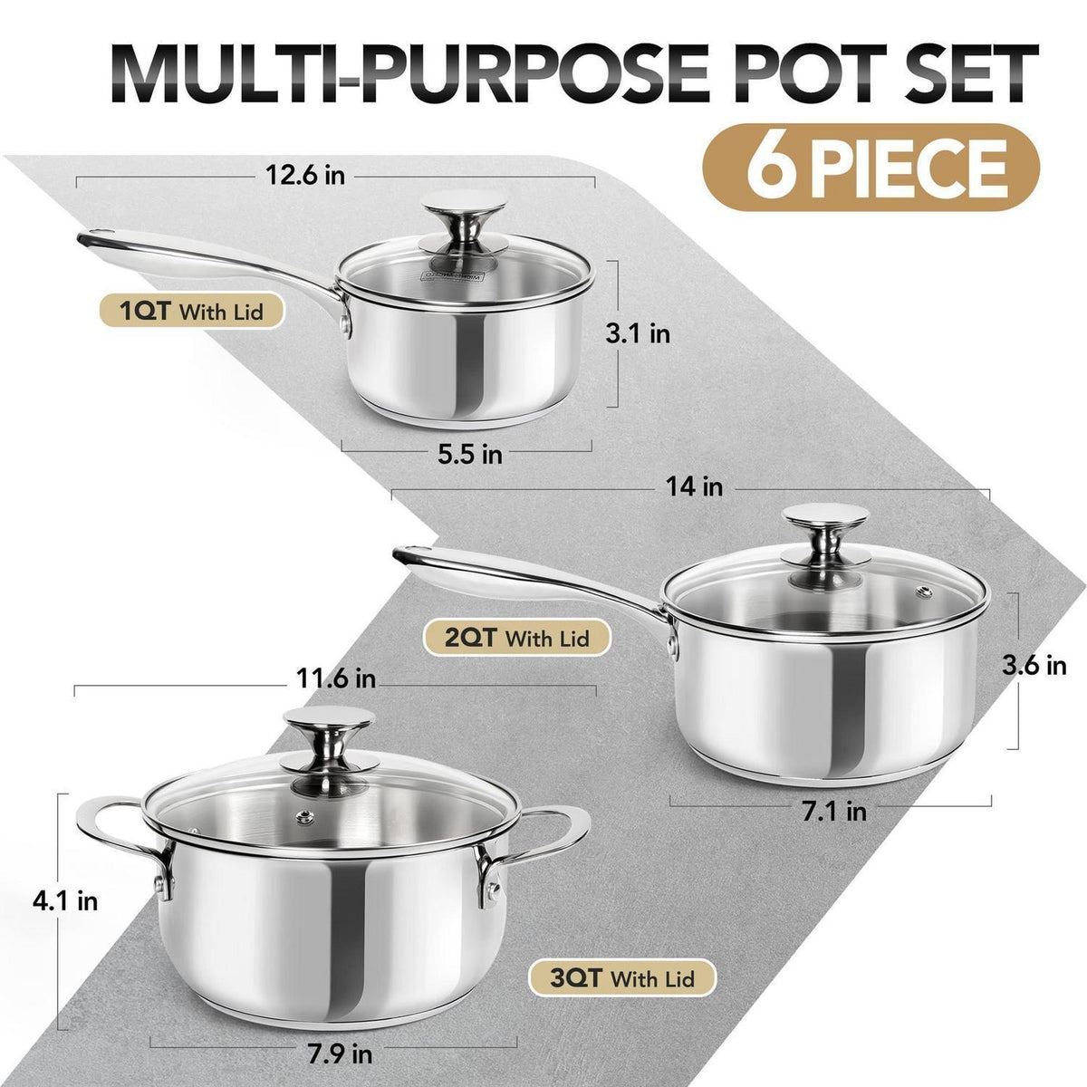 Edelstahl Kochtopf-Set 6-teilig mit Doppelgriffen