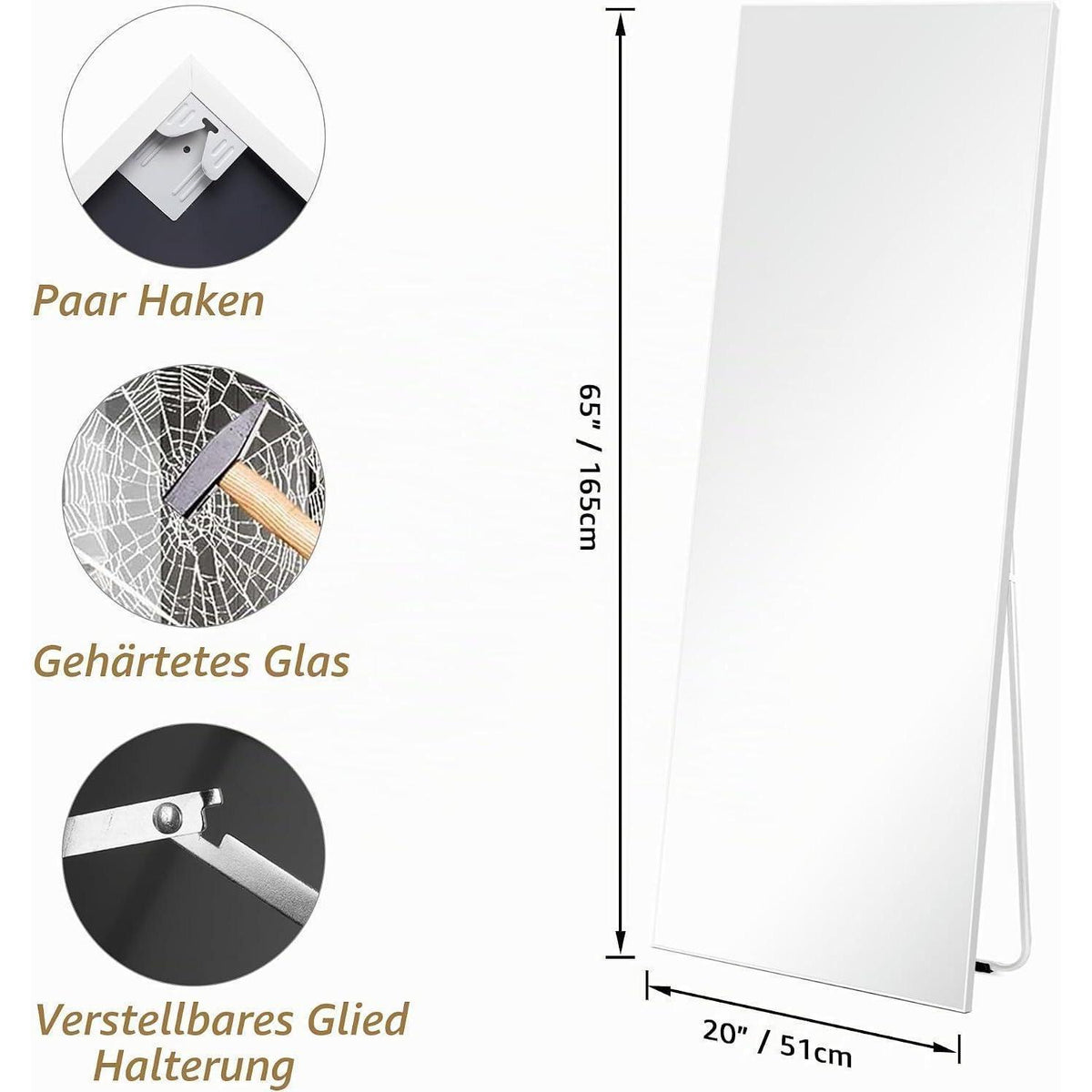 Standspiegel Weiß 165x51 cm – Gehärtetes Glas, PVC-Rahmen