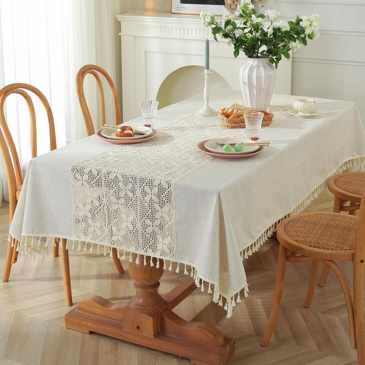 Gehäkelte Tischdecke Boho Spitze Rechteckig 140x200cm Beige