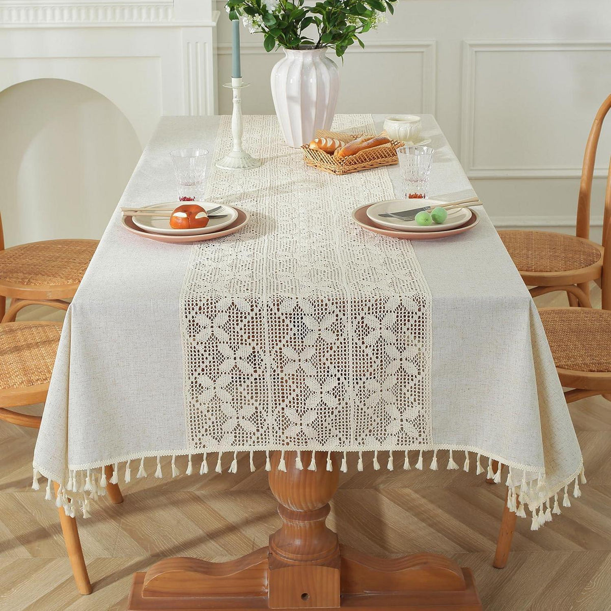 Gehäkelte Tischdecke Boho Spitze Rechteckig 140x200cm Beige