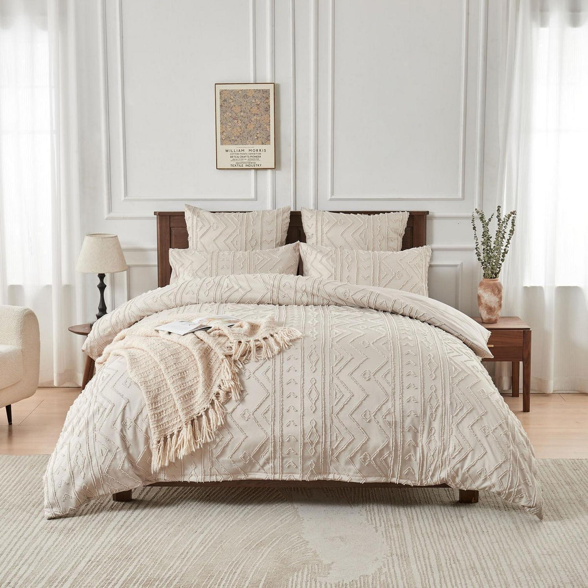 Boho Bettwäsche Set 220x240 Beige Getuftet Geometrisch