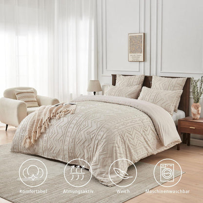 Boho Bettwäsche Set 220x240 Beige Getuftet Geometrisch