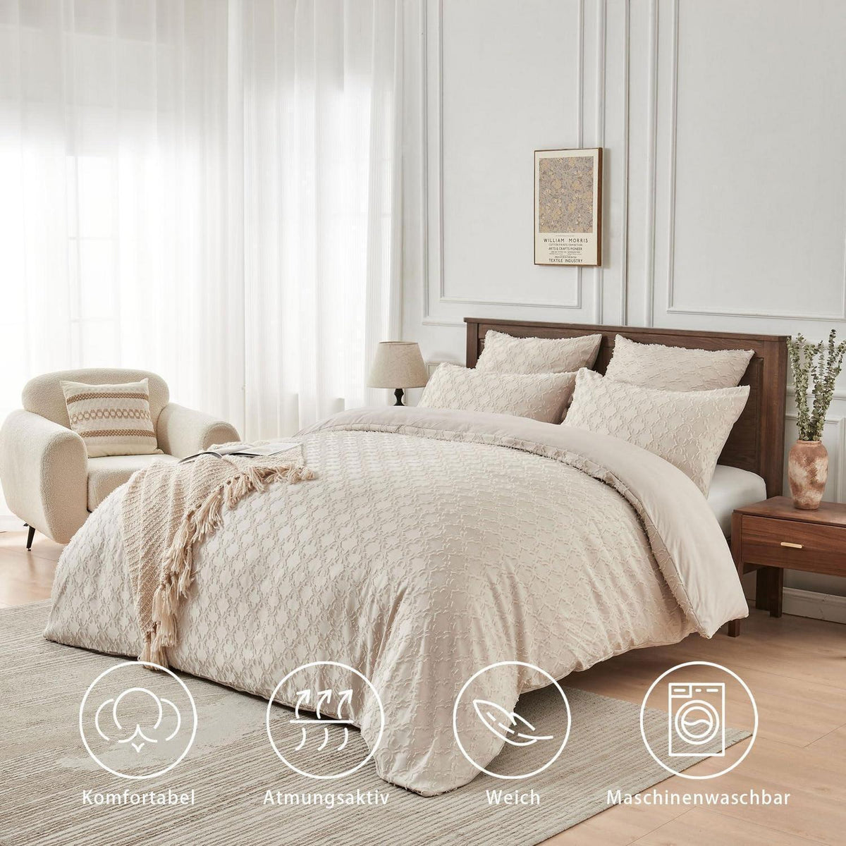 Boho Bettwäsche Set 220x240 Beige Getuftet – 3-teilig