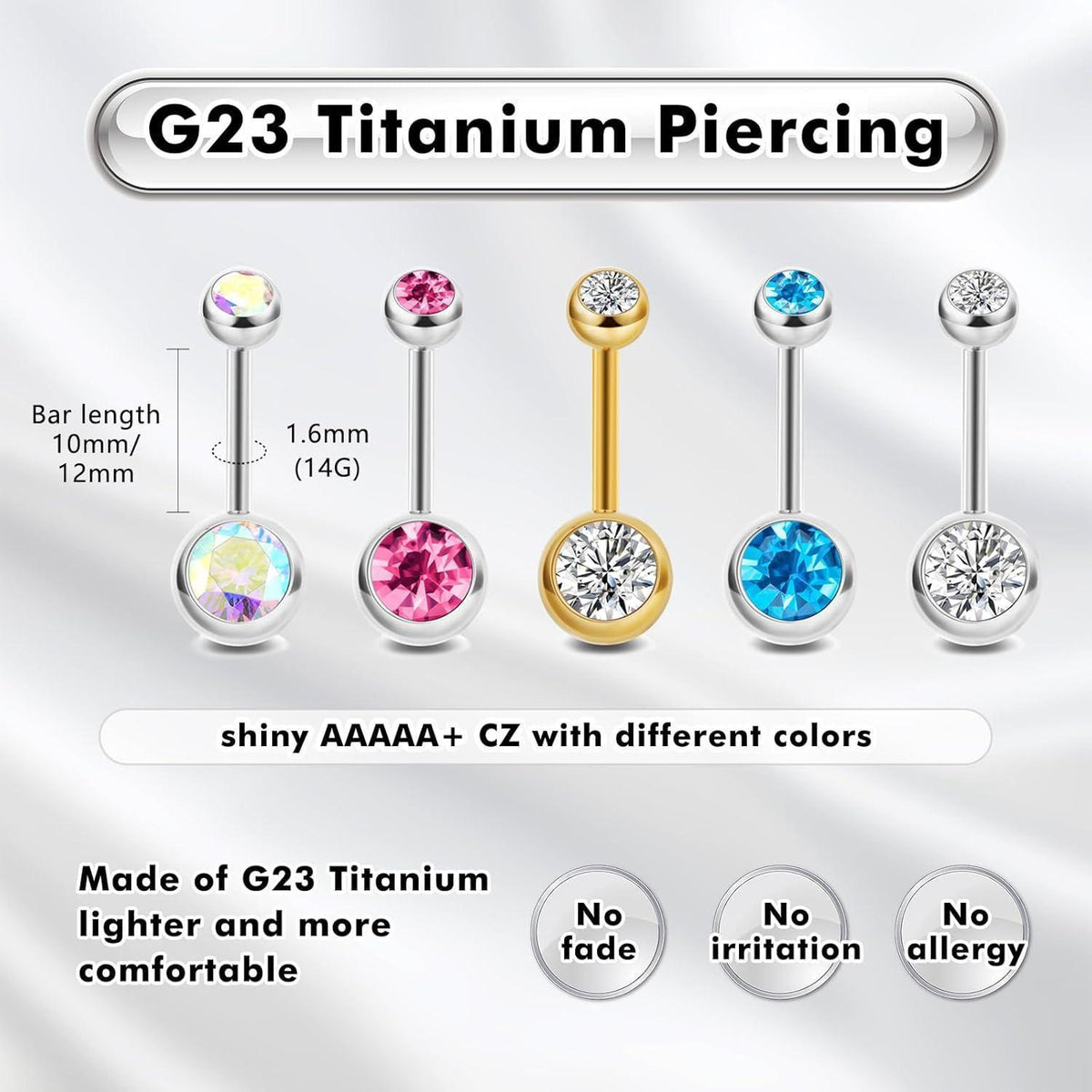 G23 Titan Bauchnabelpiercing 14G 12mm Silber mit Kugel