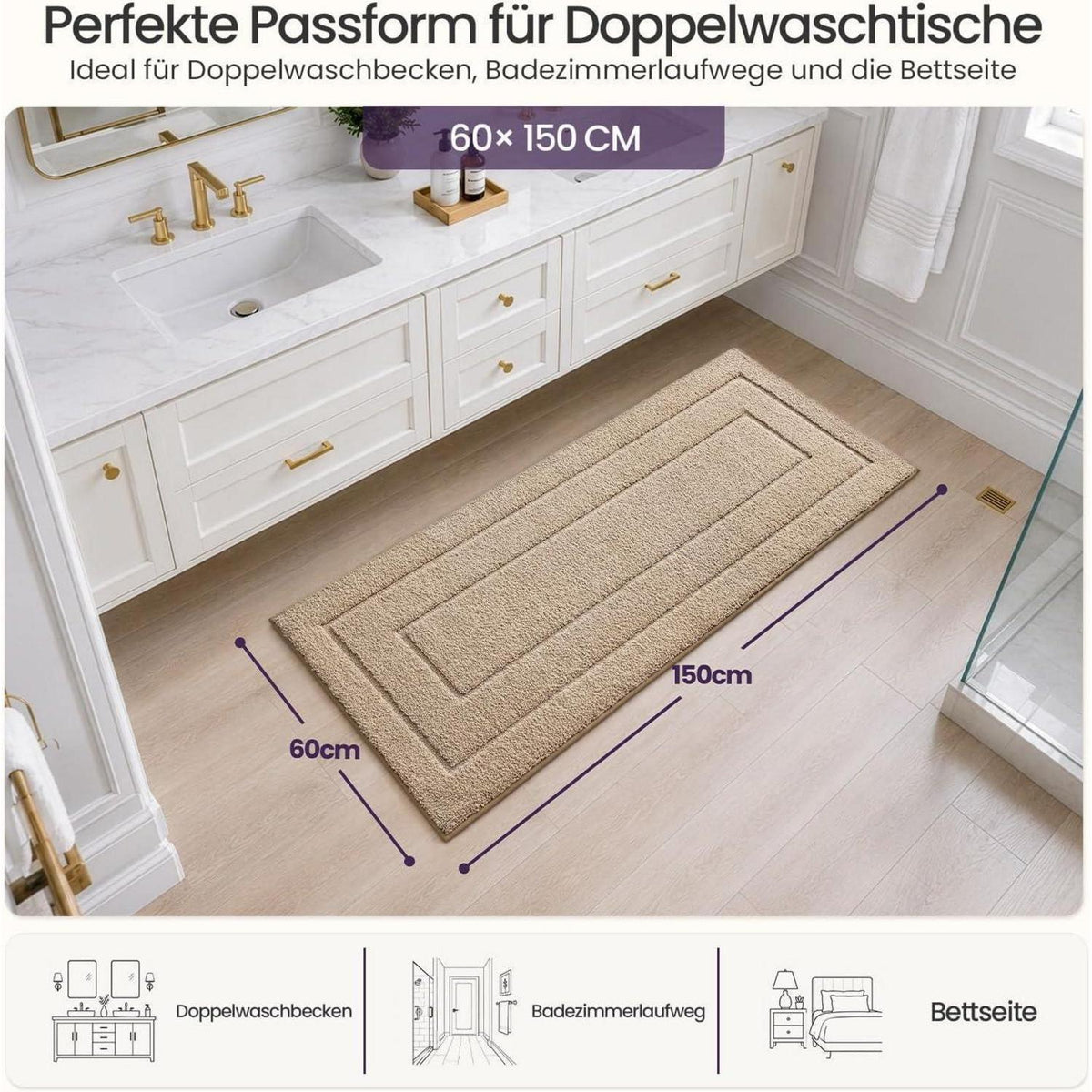 Rutschfeste Badematte Mikrofaser Beige 60x150 cm