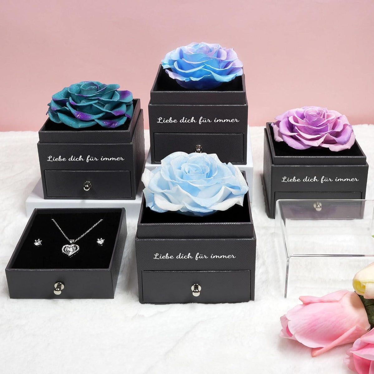 Ewige Rose Schmuckset mit Halskette und Ohrringen aus 925 Silber