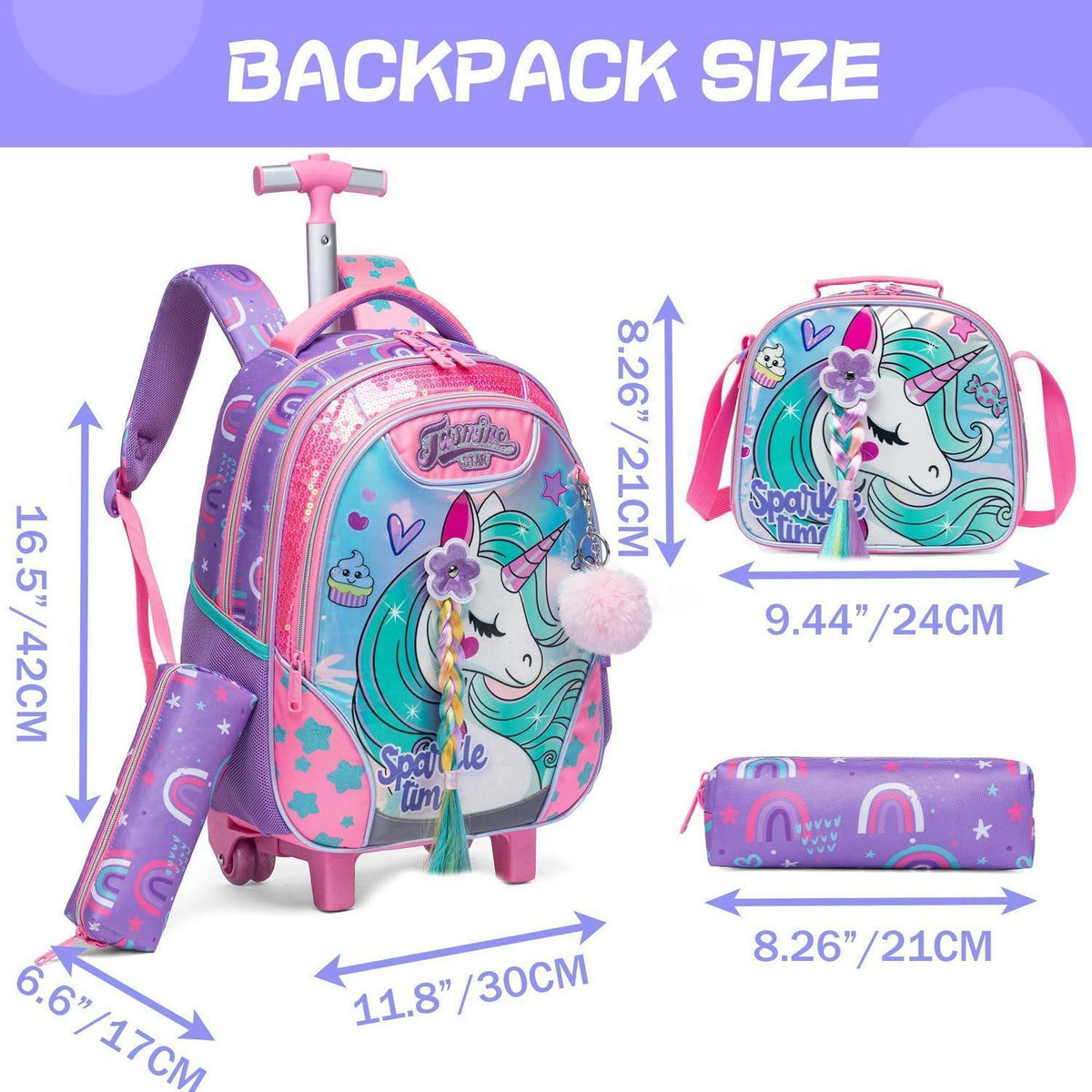 Schulranzen Trolley Mädchen mit Rollen, Federmäppchen & Lunchtasche