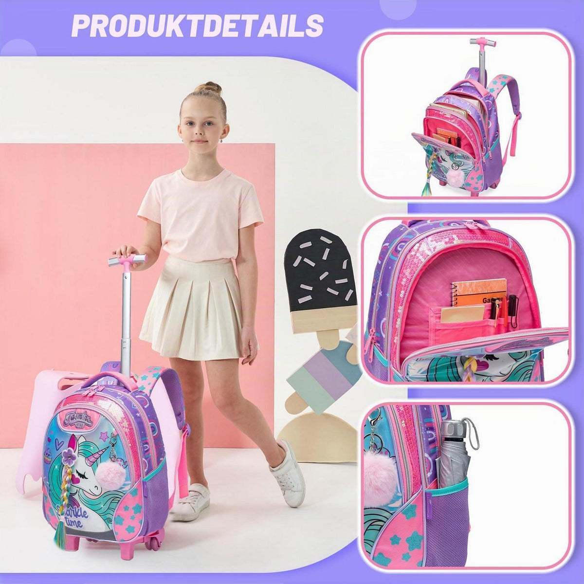 Schulranzen Trolley Mädchen mit Rollen, Federmäppchen & Lunchtasche