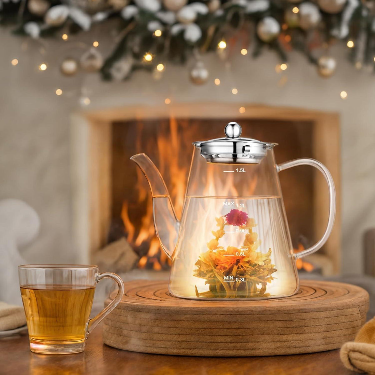 Teekanne Glas 1,5L mit herausnehmbarem Sieb für losen Tee