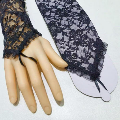 Damen Fingerlose Spitze Handschuhe – Lange Netz Schnürhandschuhe