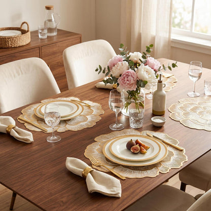 Goldene Platzsets 6er Set – Abwaschbare Pfingstrosen Tischsets 38cm
