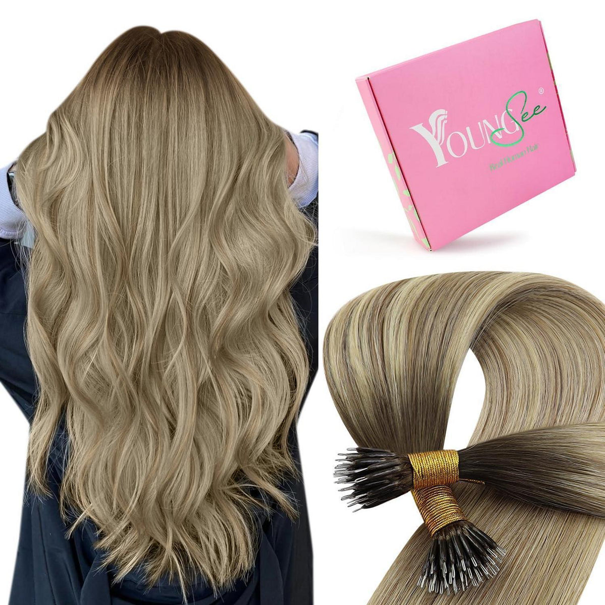 Echthaar Nanoring Extensions Balayage Braun Blond 50cm