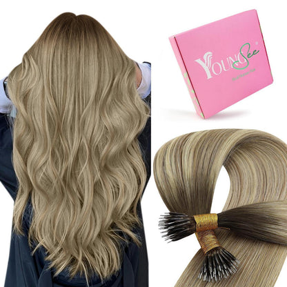 Echthaar Nanoring Extensions Braun Balayage Blond 55cm