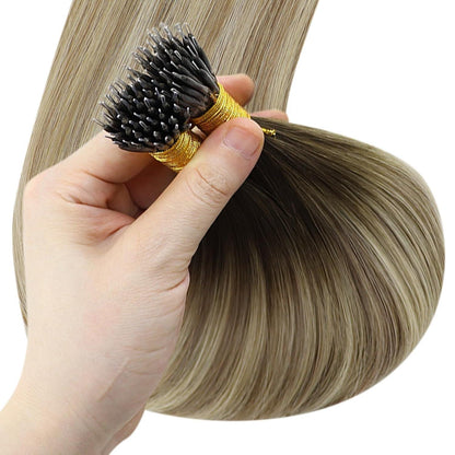 Echthaar Nanoring Extensions Braun Balayage Blond 35cm