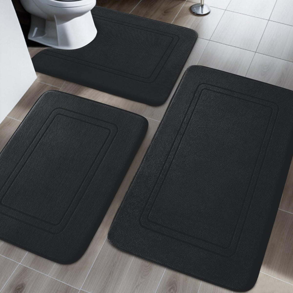 3-teiliges Badezimmerteppich Set Schwarz – Weiche Memory Foam