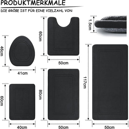 5-teiliges Badezimmerteppich Set Schwarz – Weiche Memory-Schaum Badematten
