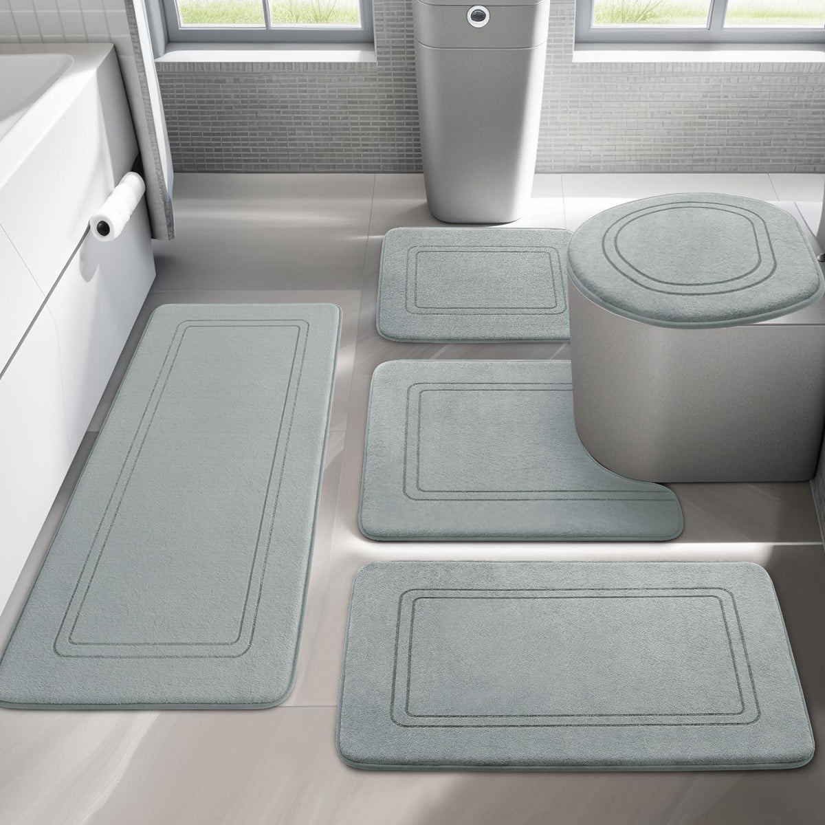 5-teiliges Badezimmerteppich Set Grau – Weiche Memory Foam Matten