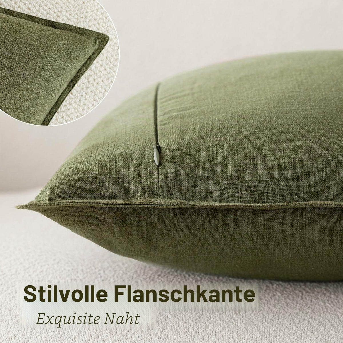 Olivgrüne Leinen Kissenbezüge 40x40 cm - Boho Deko Set 2er
