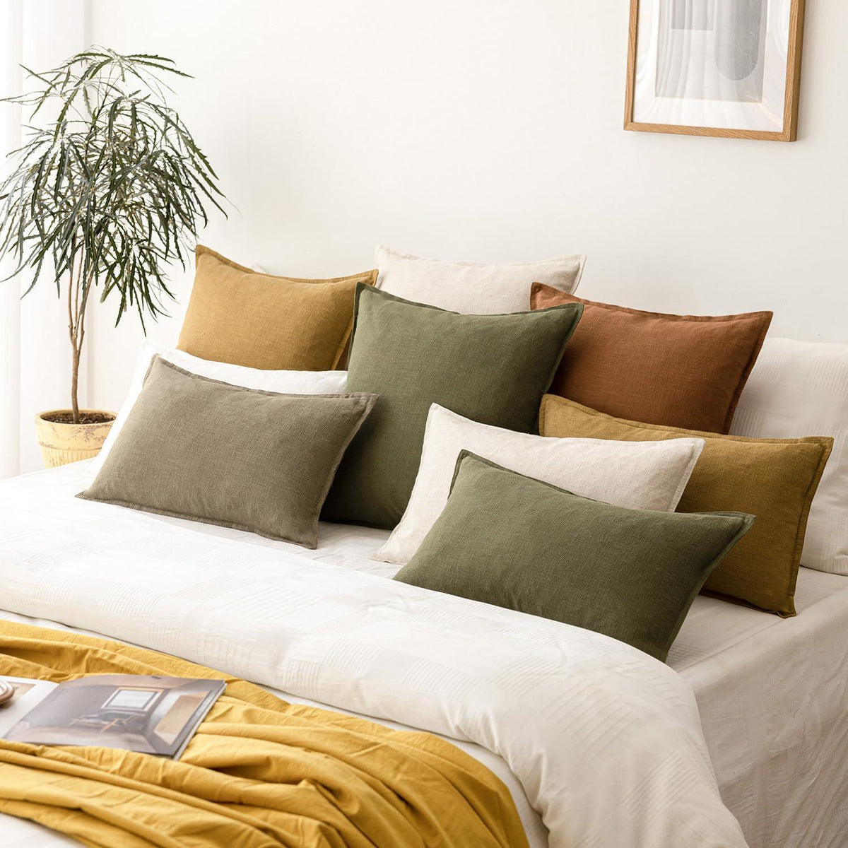 Olivgrüne Leinen Kissenbezüge 40x40 cm - Boho Deko Set 2er