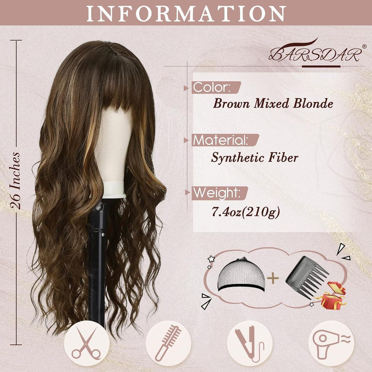 Lange Gewellte Highlight Perücke mit Pony - Braun Mix Blond
