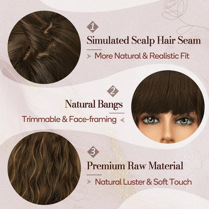 Lange Gewellte Highlight Perücke mit Pony - Braun Mix Blond