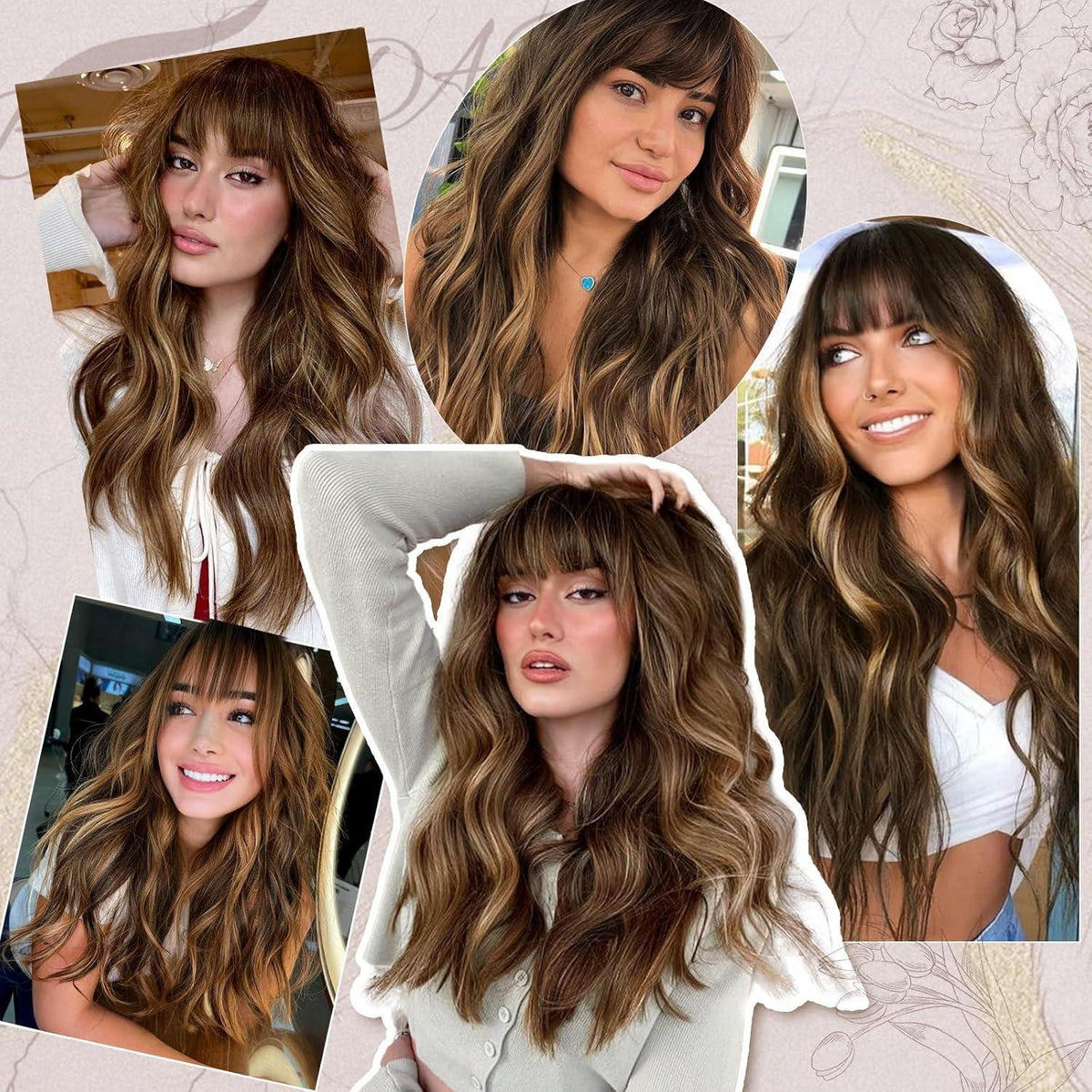Lange Gewellte Highlight Perücke mit Pony - Braun Mix Blond