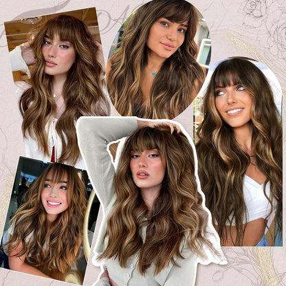Lange Gewellte Highlight Perücke mit Pony - Braun Mix Blond