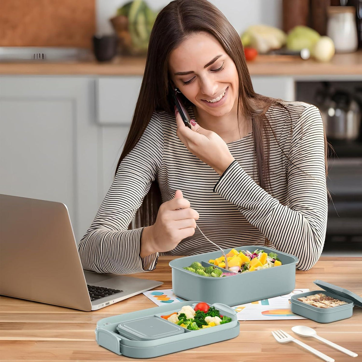 Lunchbox Erwachsene 1900ml Auslaufsicher mit Fächern – Grün