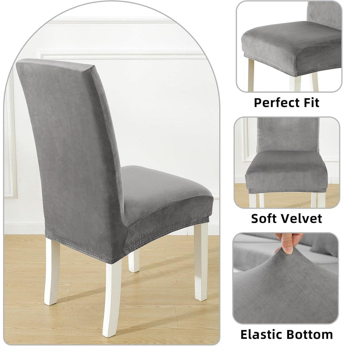 Samt Stuhlhussen 4er Set – Stretch & Waschbar, Hellgrau