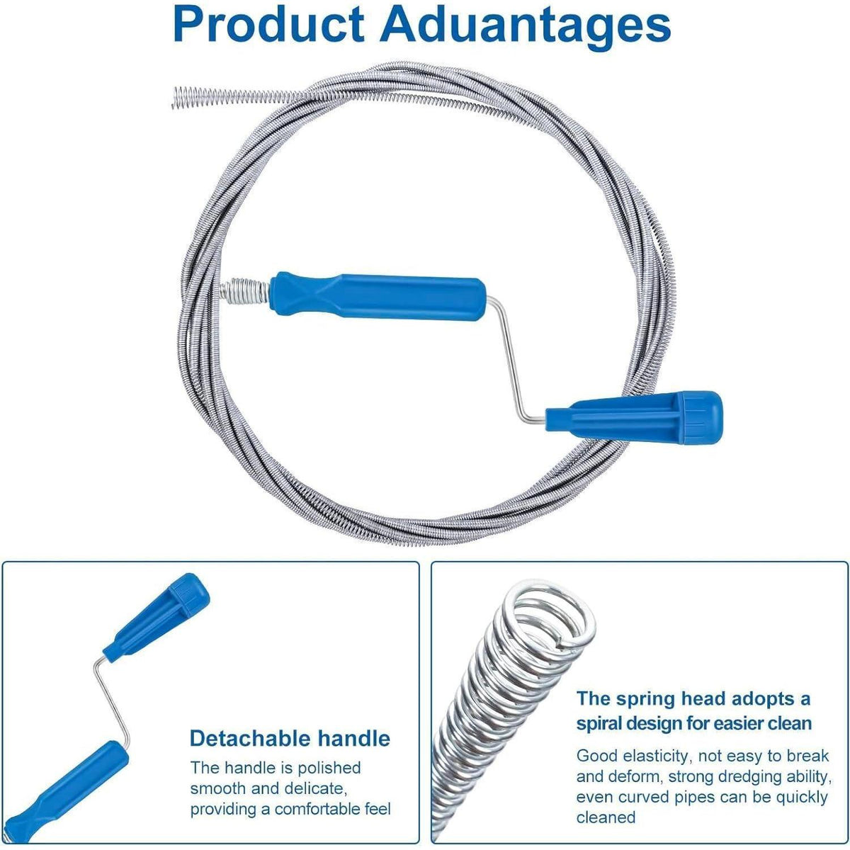 Abflussreiniger 2er Set: 3m & 0.6m Rohrreinigungsspirale mit Greifer