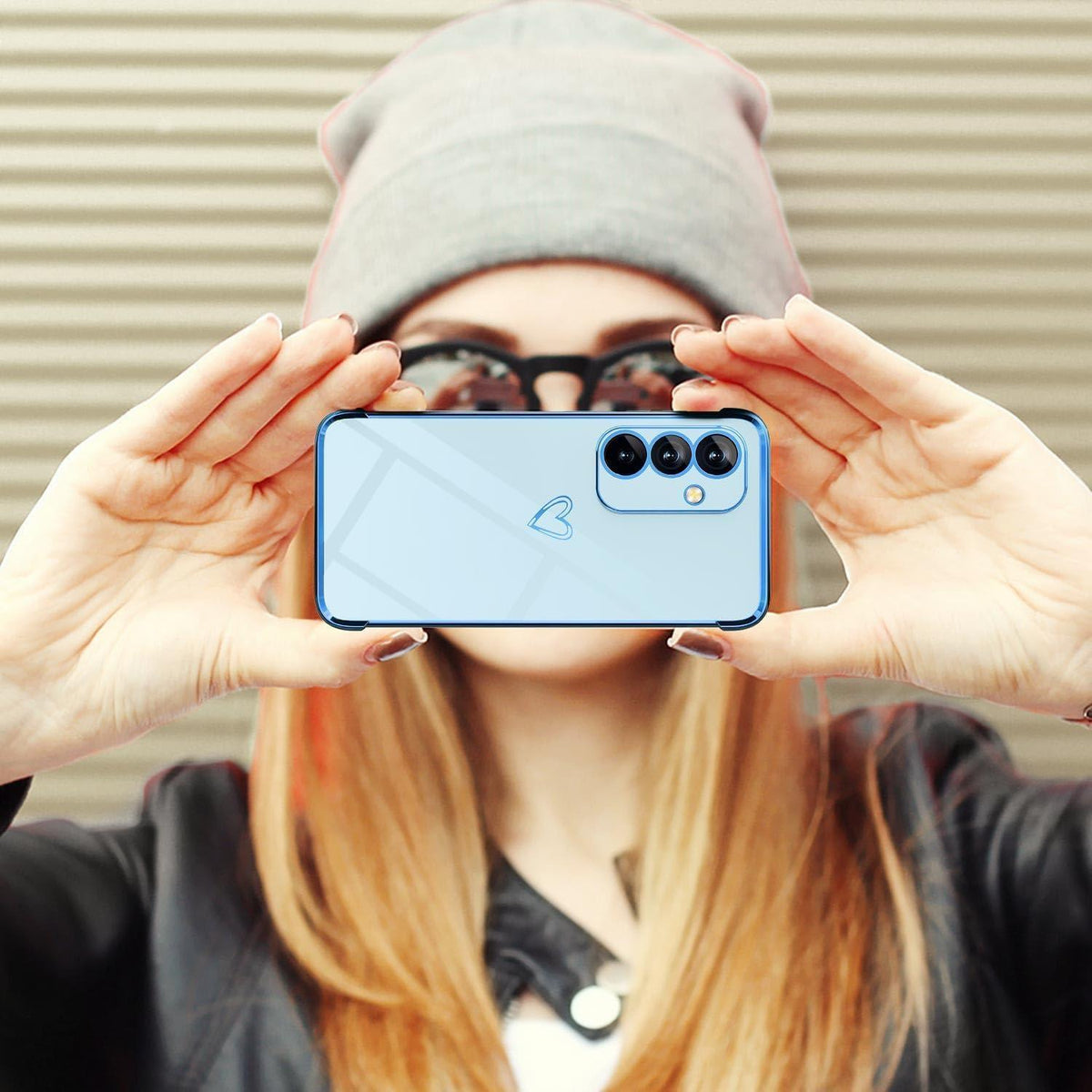 Samsung Galaxy A15 Hülle mit Herzmuster, galvanisiert, blau