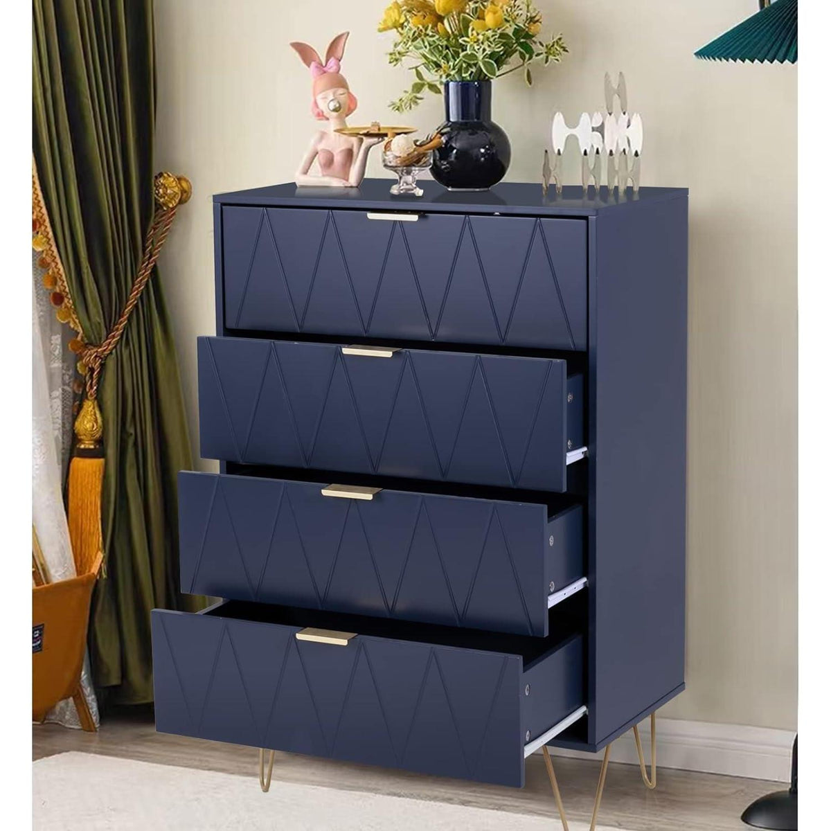 Blaue Kommode mit 8 Schubladen – Schlafzimmer Möbel Holz Optik