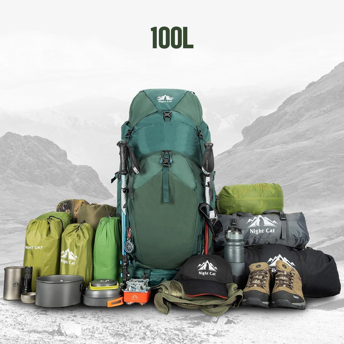 100L Trekkingrucksack Grün mit Regenschutz für Damen Herren