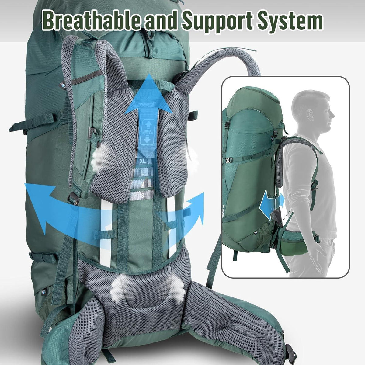100L Trekkingrucksack Grün mit Regenschutz für Damen Herren