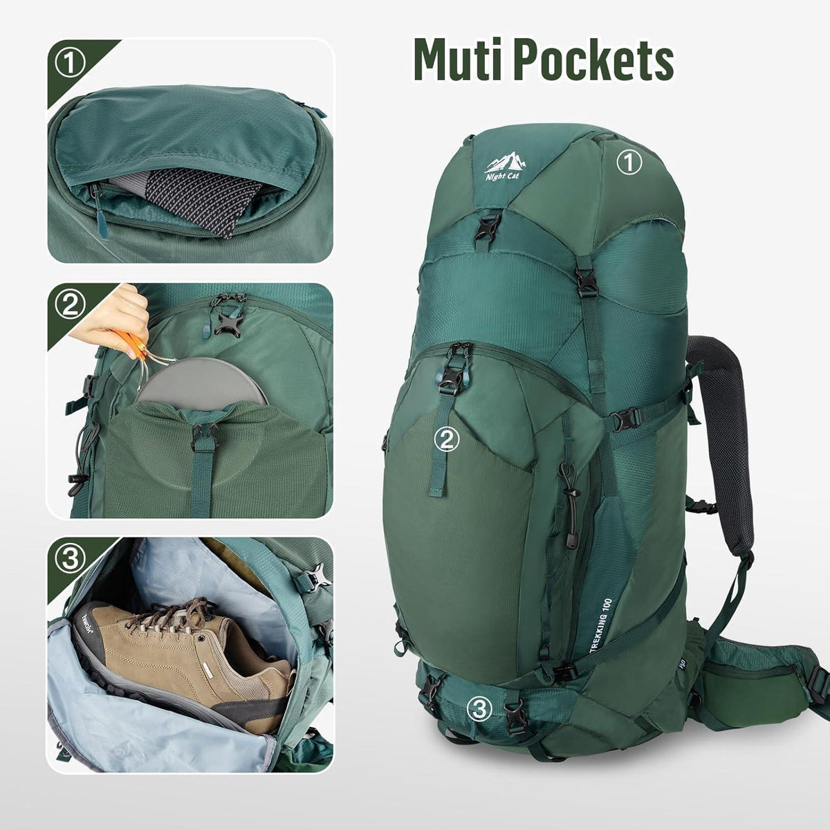 100L Trekkingrucksack Grün mit Regenschutz für Damen Herren