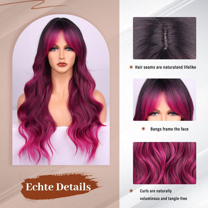 Lange Schwarz-Rosa Farbverlauf Perücke mit Locken – Damen Perücke