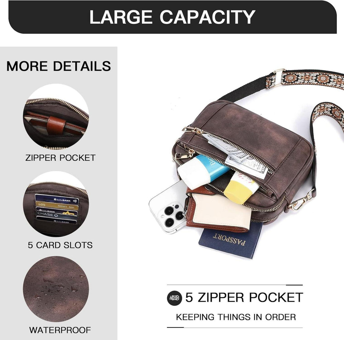 Telena Damen Crossbody Bag PU Leder Farbigem Riemen groß Kapazität - Schwarz