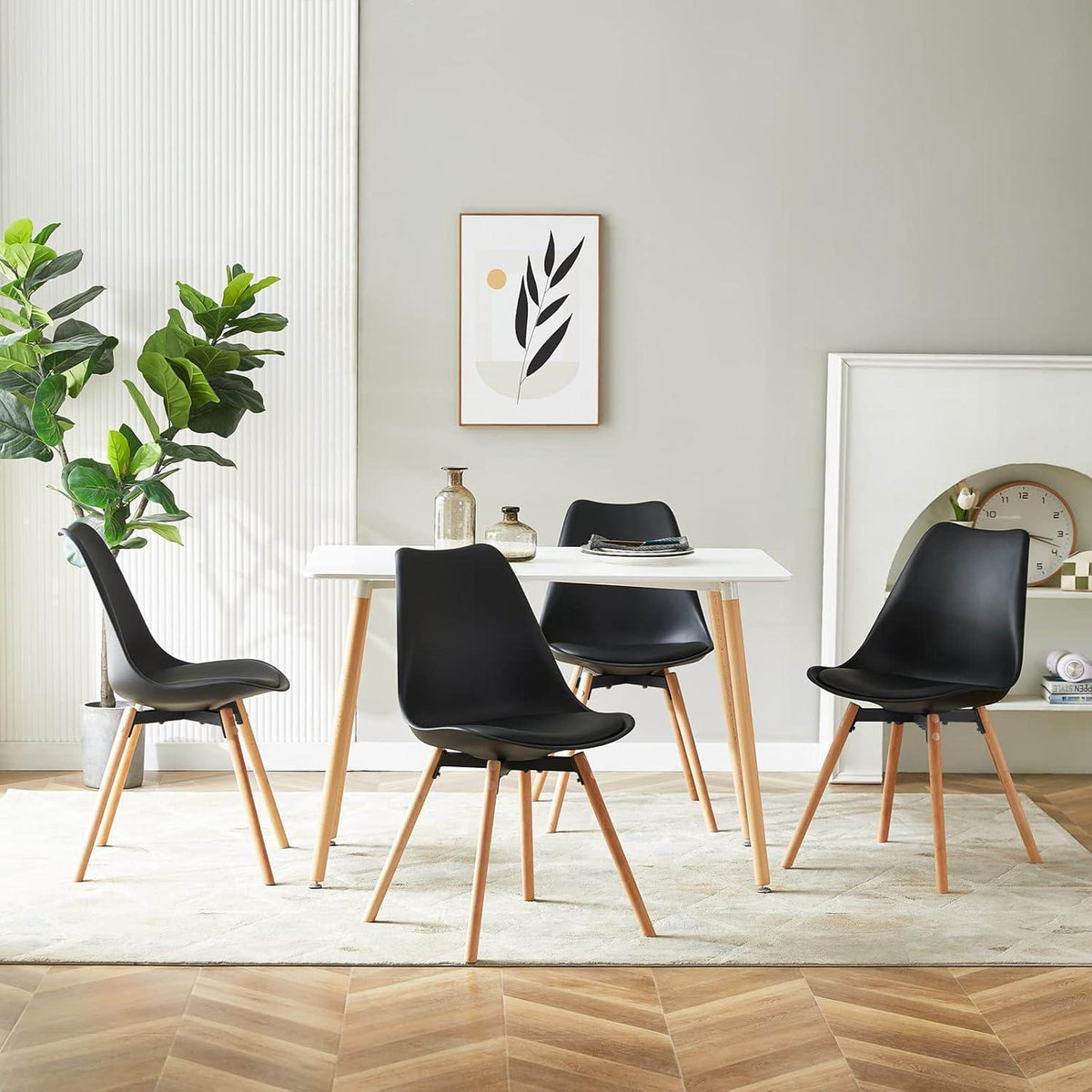 Esszimmergruppe weißem Tisch + 4 Schwarz Stühle