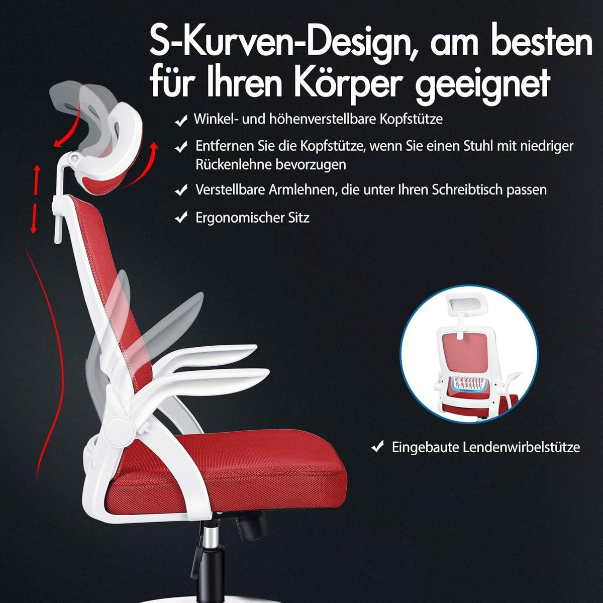 Ergonomischer Bürostuhl mit Kopfstütze und Lordosenstütze