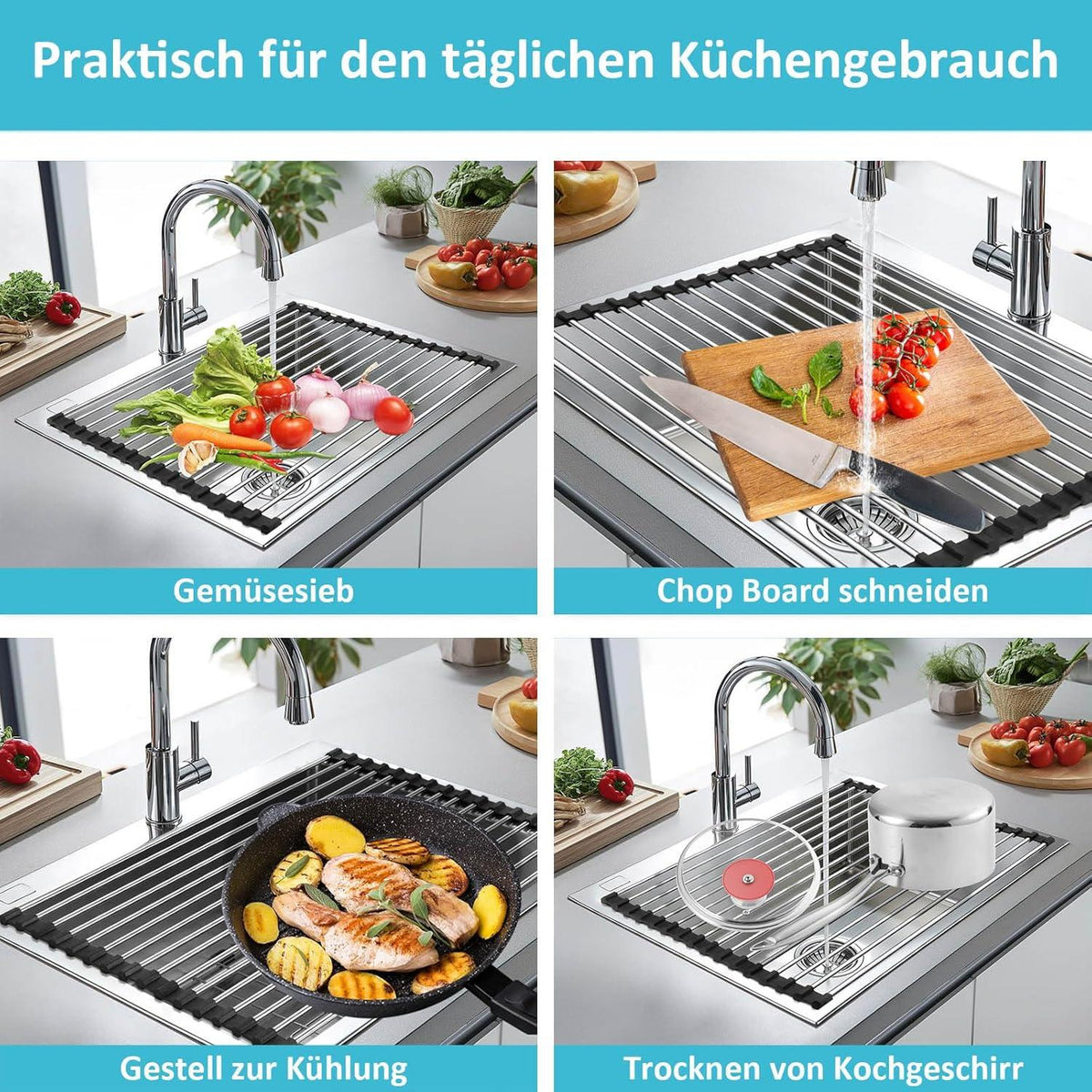 Aufrollbares Edelstahl Abtropfgitter für Geschirr Gemüse Obst 39,8*30,4cm