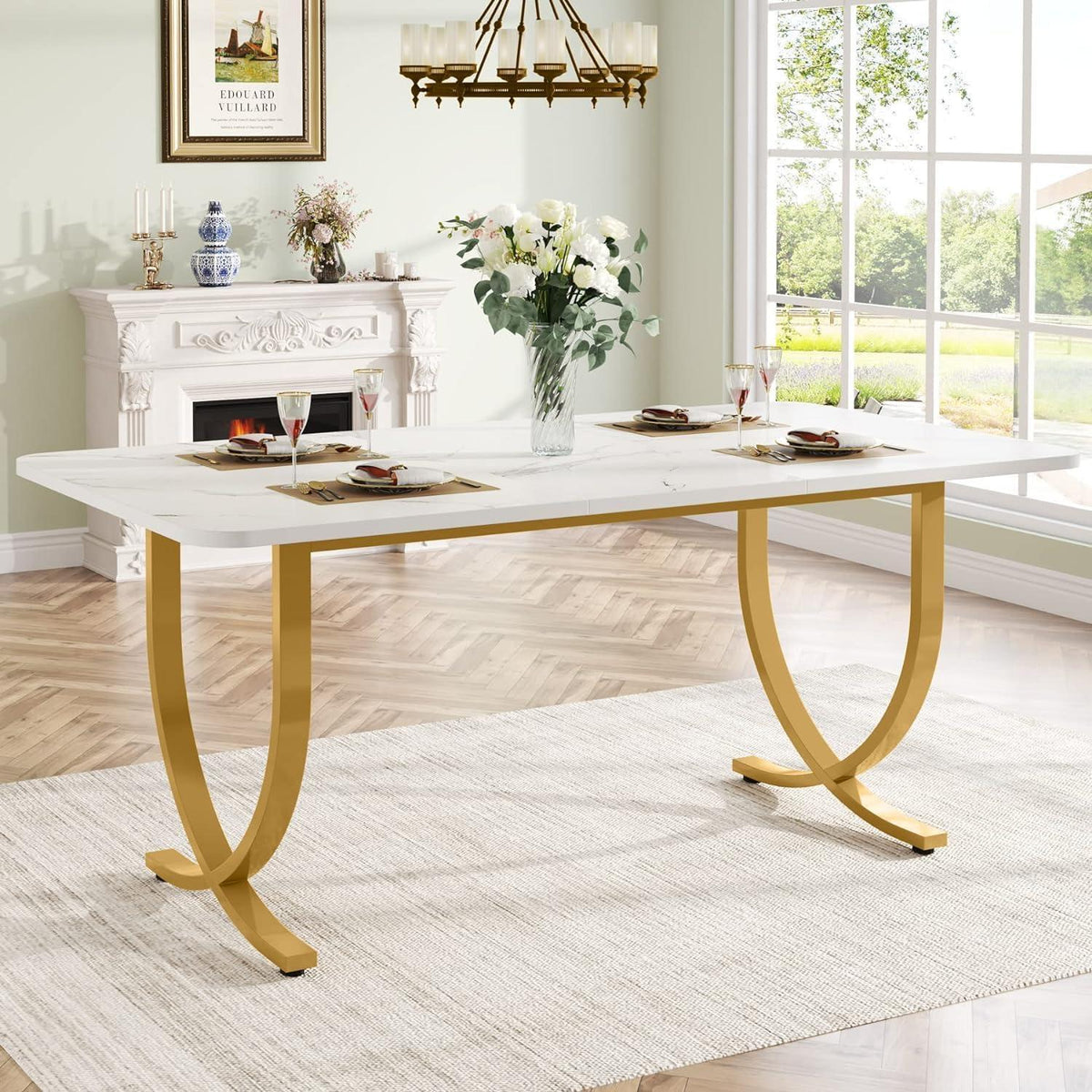 Moderner Esstisch Weiß & Gold | 160x80cm | Küchentisch für 6 Personen