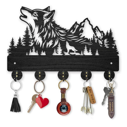 Holz Garderobenständer mit Wolfs Wald Motiv und 5 Haken