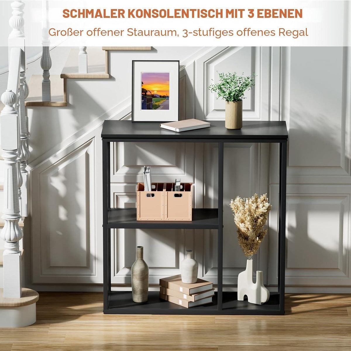Schmaler Konsolentisch mit 3 Ebenen – Industrieller Sofatisch Schwarz